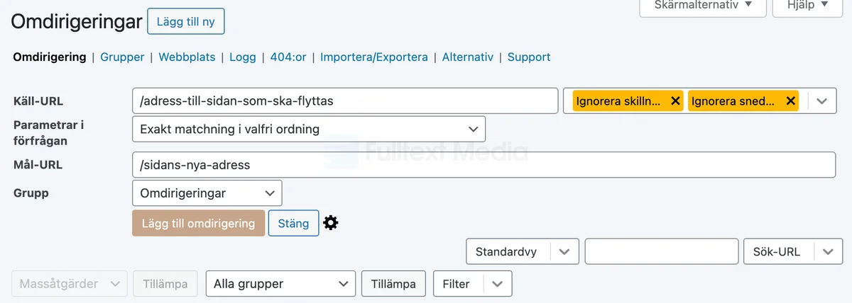 Omdirigering 301 med Redirection-tillägget