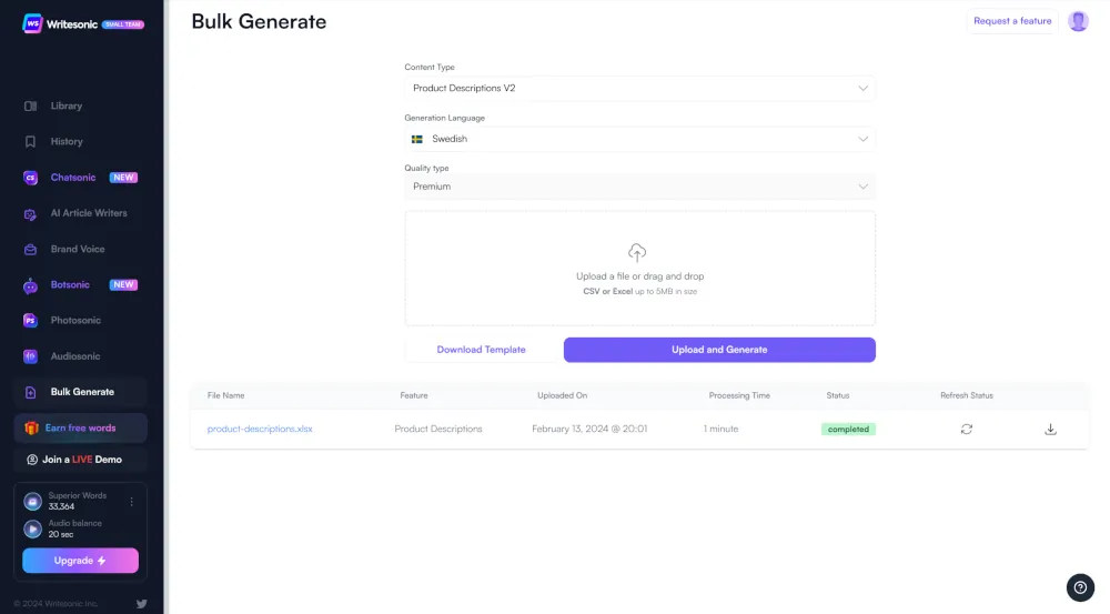 Writesonic gränssnitt