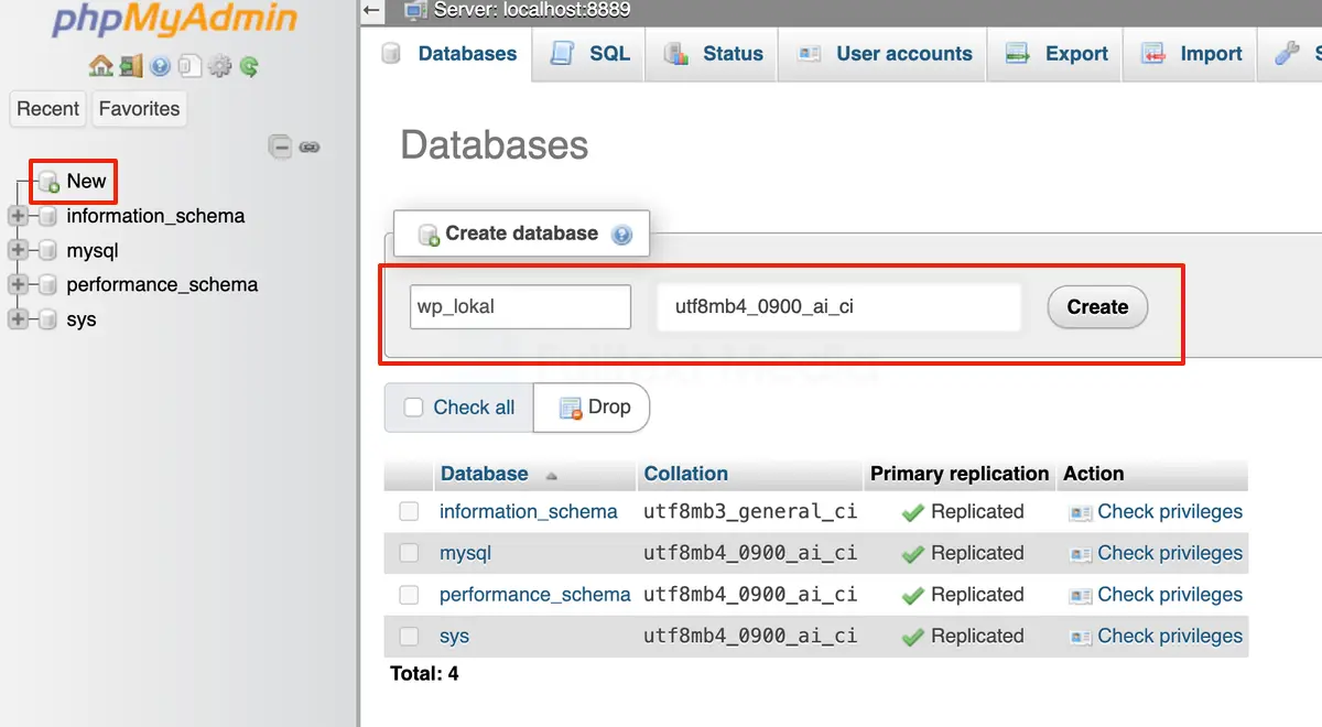 phpMyAdmin skapa databas