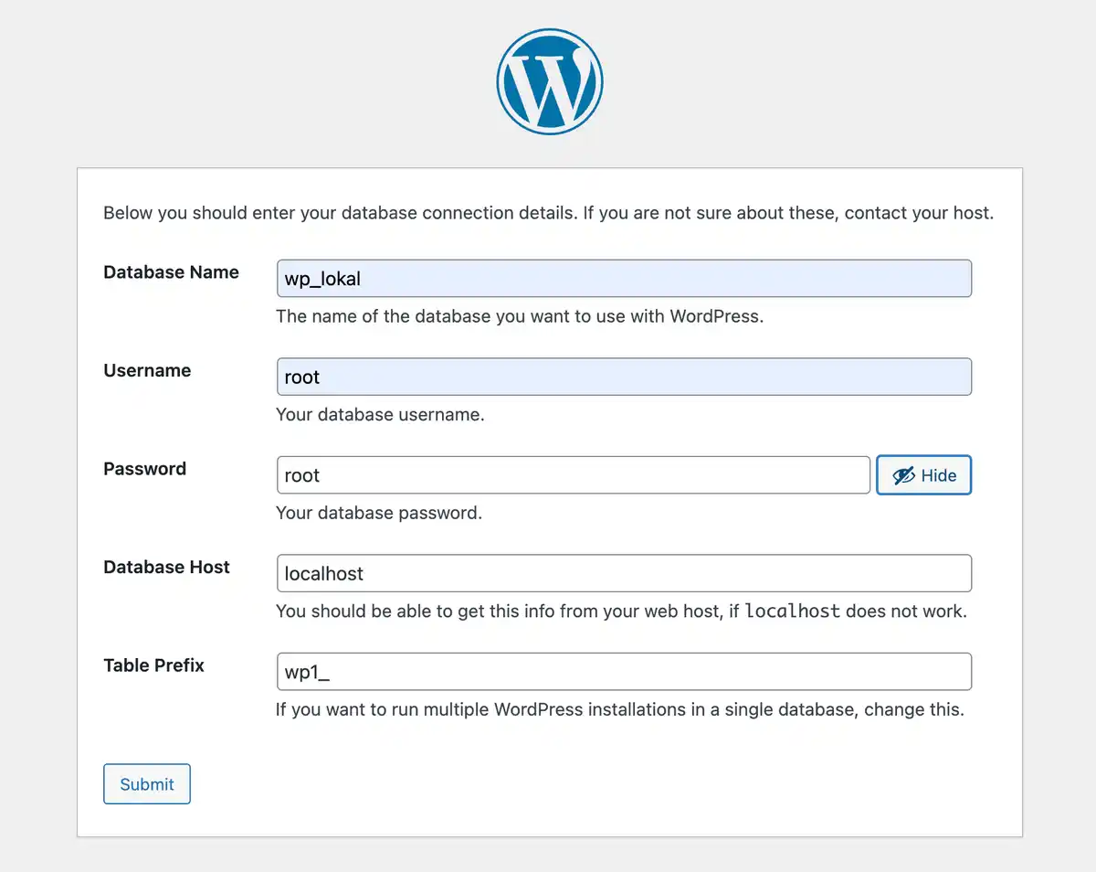 wp local database setup