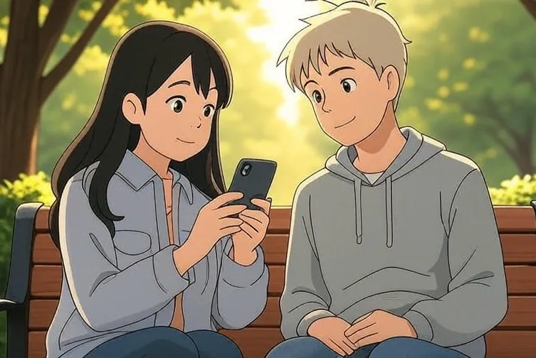 tjej och kille på parkbänk kollar sociala medier på mobilen