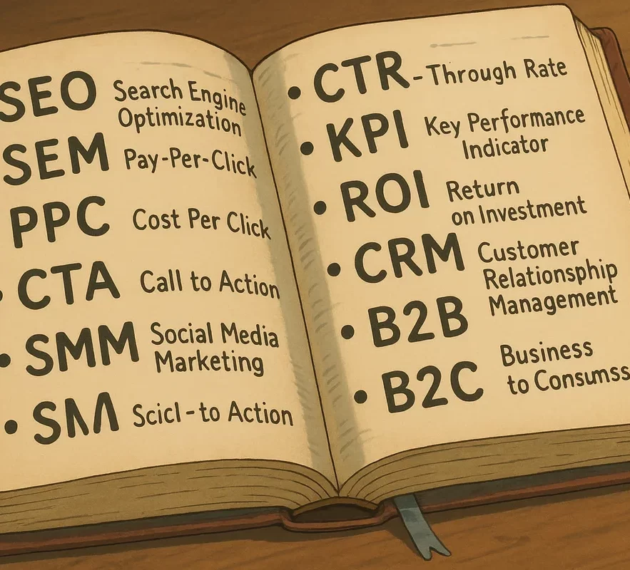 digital ordlista med marknadsföringstermer